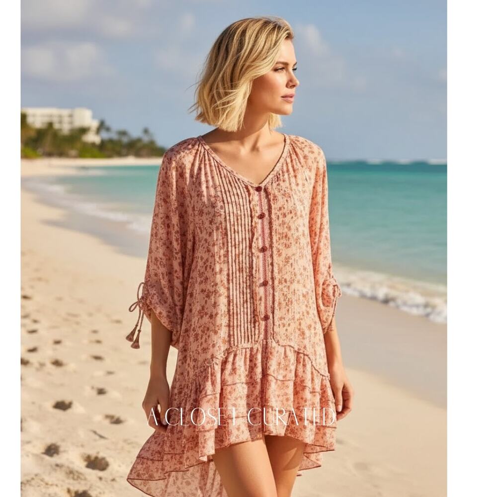 Poupette St Barth Floral Cotton Poncho Cover Up Dress One Size Orange Medium